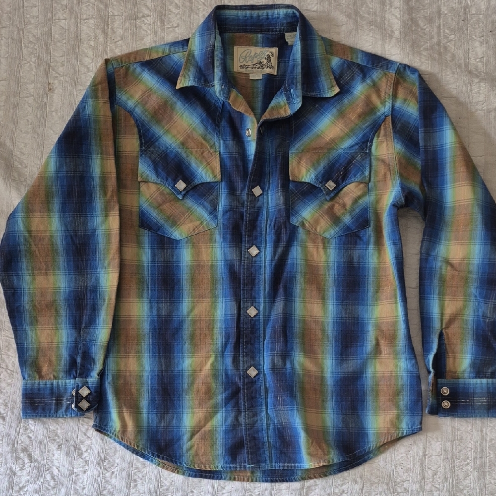 ROPER blue+gold Plaid Pearl Snap L metalluc Stitched western Rodeo Shirt 12/14